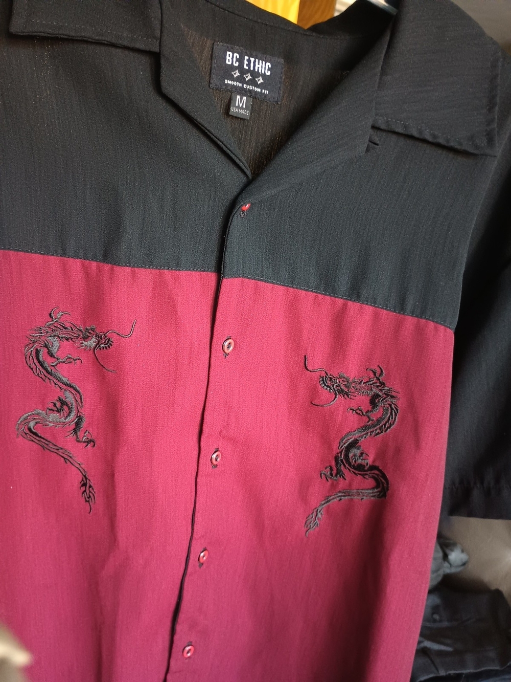 BC Ethic Men's Black and Burgundy Dragon Embroidered Button-Down Shirt